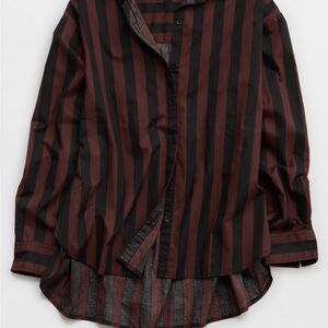 Aerie Burgundy and Black Striped Button Down Set